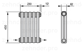 Схема (чертеж) Радиатор Zehnder Charleston 2045/5 №2670 Белый глянцевый RAL 9016